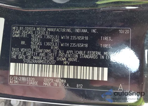 2021 Toyota Highlander Xle z USA, uszkodzony, nr VIN 5TDGZRAH8MS035207